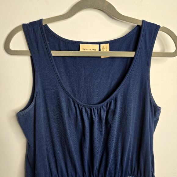 DKNY Artsy Sleeveless Mini Dress Abstract Mixed Media Drawstring Waist Size L - Picture 3 of 8